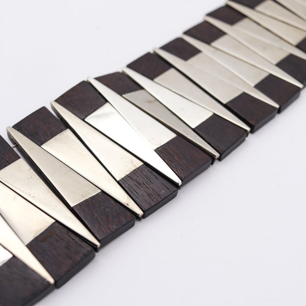 -Los Castillo Taxco Mexico 1930 Art Deco Modernist Bracelet In Ebony Wood And Silver