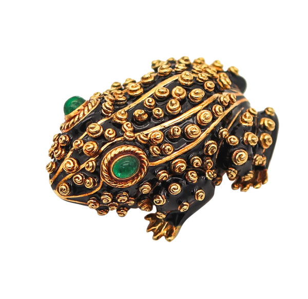 -David Webb Black Enameled Frog Brooch In 18Kt Yellow Gold With Emeralds