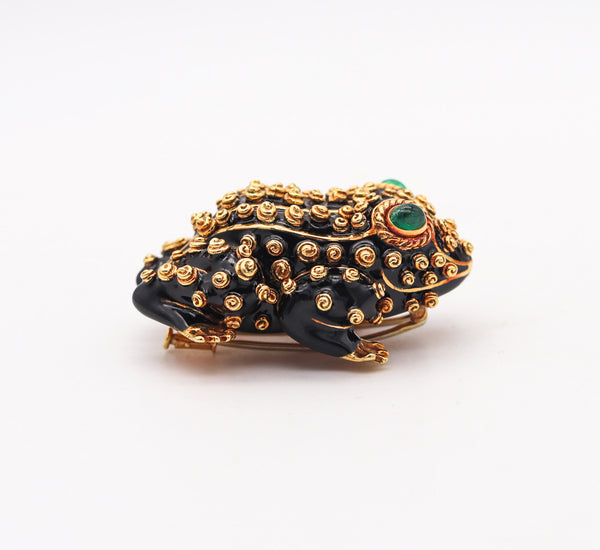 -David Webb Black Enameled Frog Brooch In 18Kt Yellow Gold With Emeralds