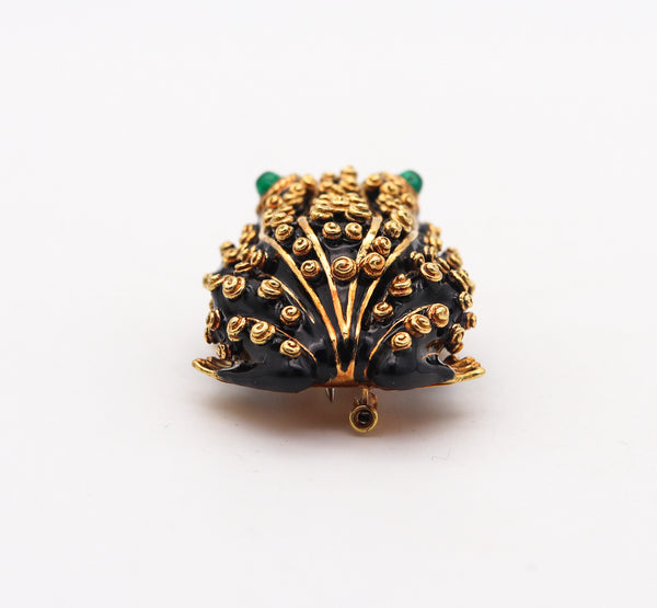 -David Webb Black Enameled Frog Brooch In 18Kt Yellow Gold With Emeralds