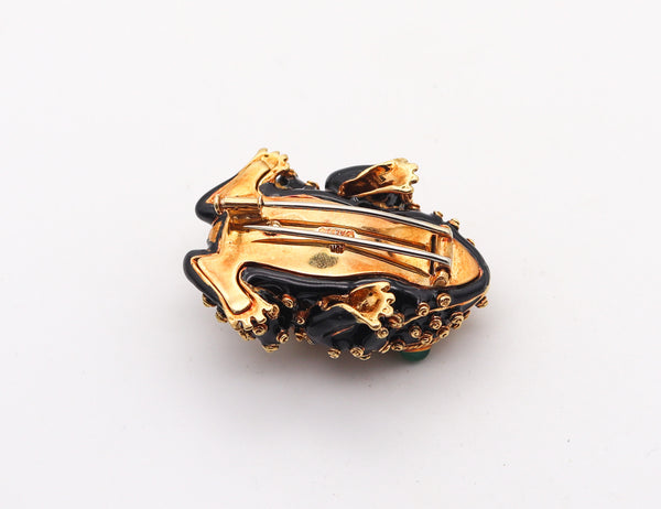 -David Webb Black Enameled Frog Brooch In 18Kt Yellow Gold With Emeralds