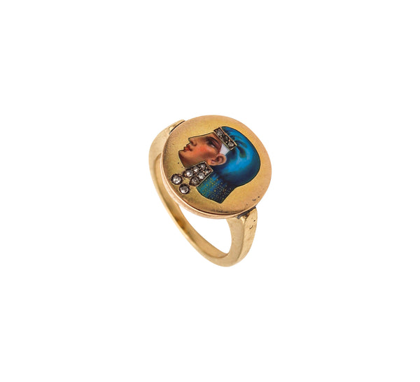 -EGYPTIAN REVIVAL 1860 Enameled Ring In 14Kt Yellow Gold With Diamonds