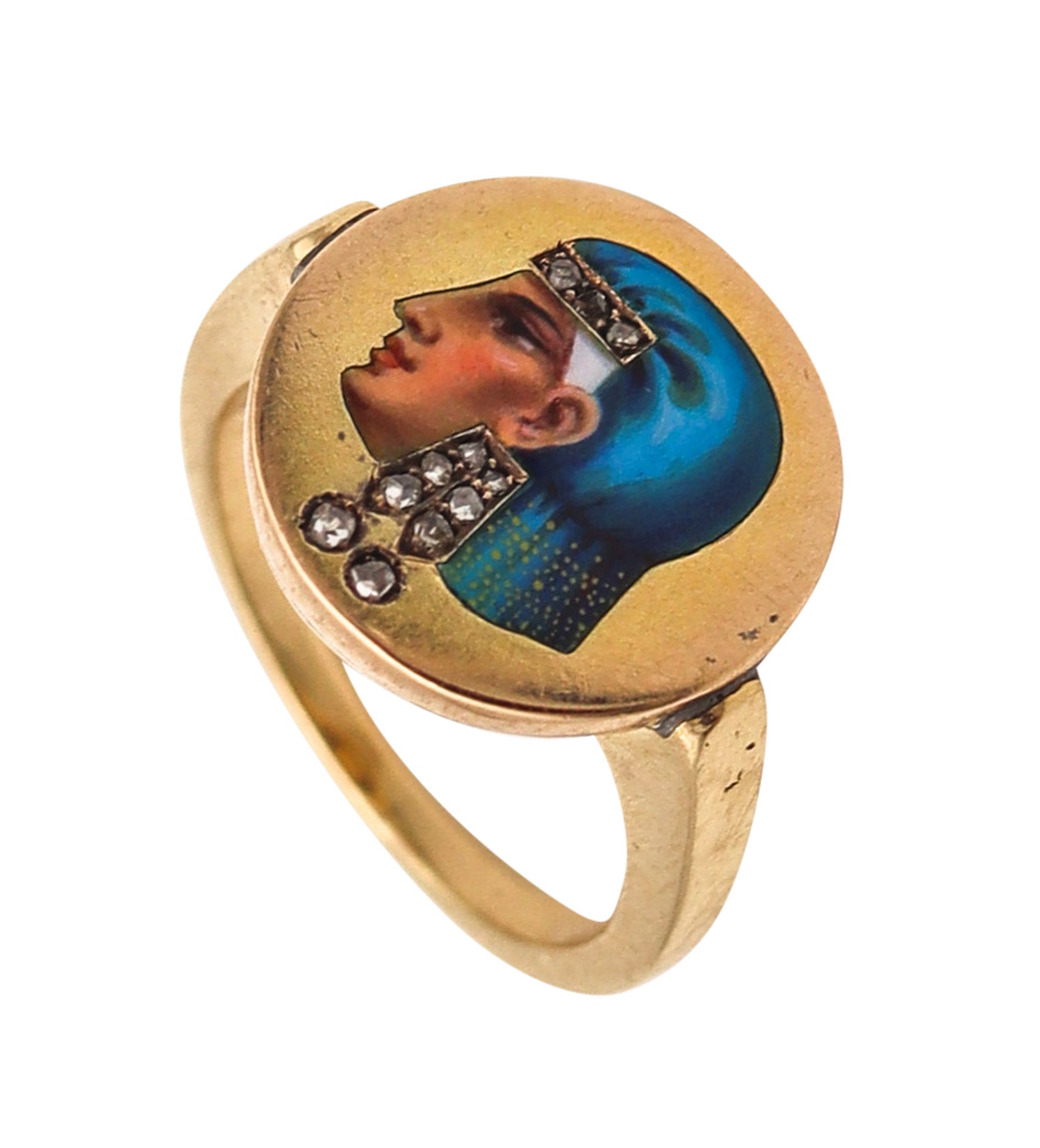 -EGYPTIAN REVIVAL 1860 Enameled Ring In 14Kt Yellow Gold With Diamonds