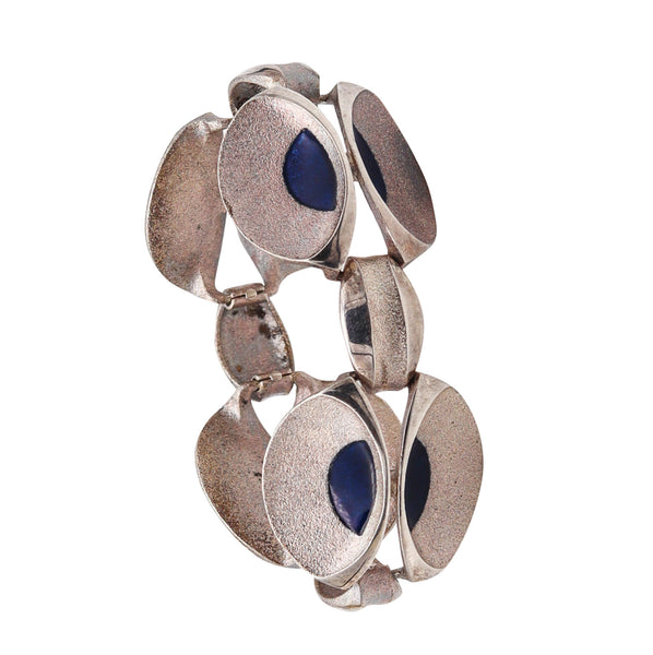 -Orlando Orlandini 1970 Italy Enameled Peacock Bracelet In .925 Sterling Silver