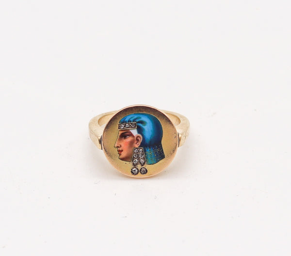 -EGYPTIAN REVIVAL 1860 Enameled Ring In 14Kt Yellow Gold With Diamonds