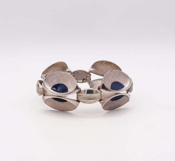 -Orlando Orlandini 1970 Italy Enameled Peacock Bracelet In .925 Sterling Silver