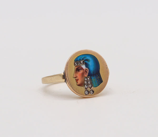 -EGYPTIAN REVIVAL 1860 Enameled Ring In 14Kt Yellow Gold With Diamonds