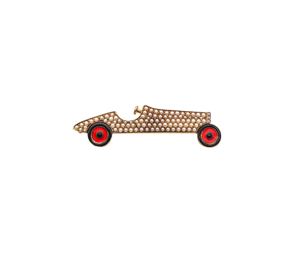 -SLOAN & Co. 1920 Art Deco Enameled Racing Car Brooch In 14Kt Gold With Pearls