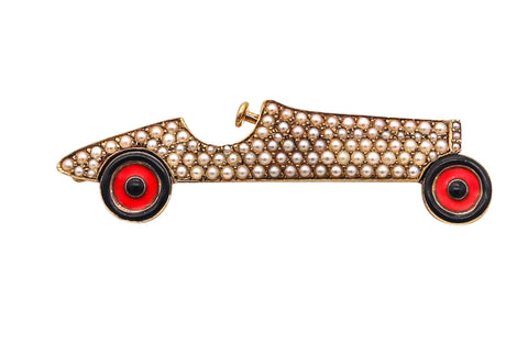 -SLOAN & Co. 1920 Art Deco Enameled Racing Car Brooch In 14Kt Gold With Pearls