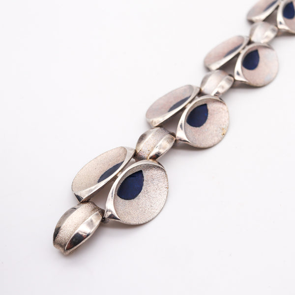 -Orlando Orlandini 1970 Italy Enameled Peacock Bracelet In .925 Sterling Silver