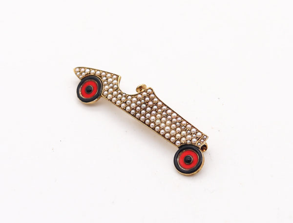 -SLOAN & Co. 1920 Art Deco Enameled Racing Car Brooch In 14Kt Gold With Pearls