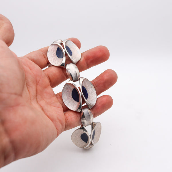 -Orlando Orlandini 1970 Italy Enameled Peacock Bracelet In .925 Sterling Silver