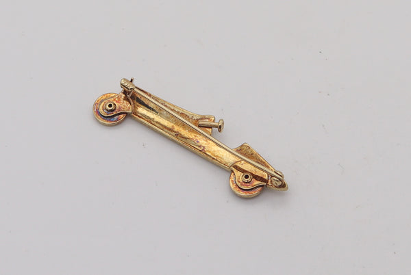 -SLOAN & Co. 1920 Art Deco Enameled Racing Car Brooch In 14Kt Gold With Pearls