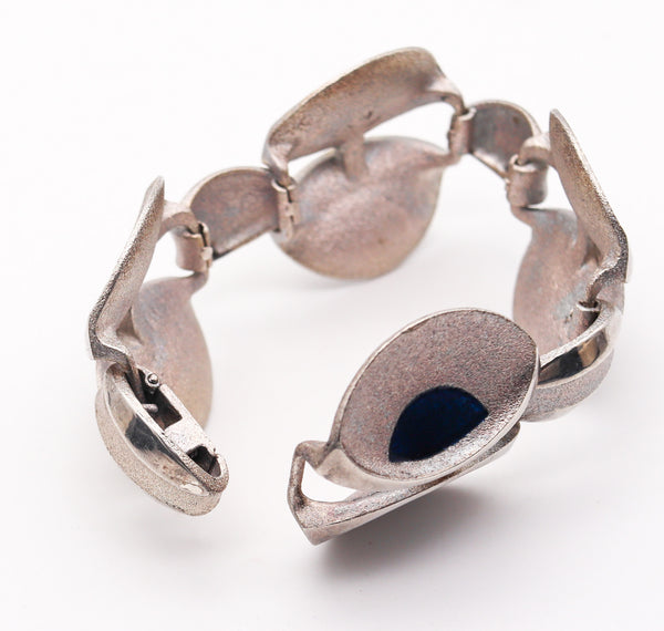 -Orlando Orlandini 1970 Italy Enameled Peacock Bracelet In .925 Sterling Silver