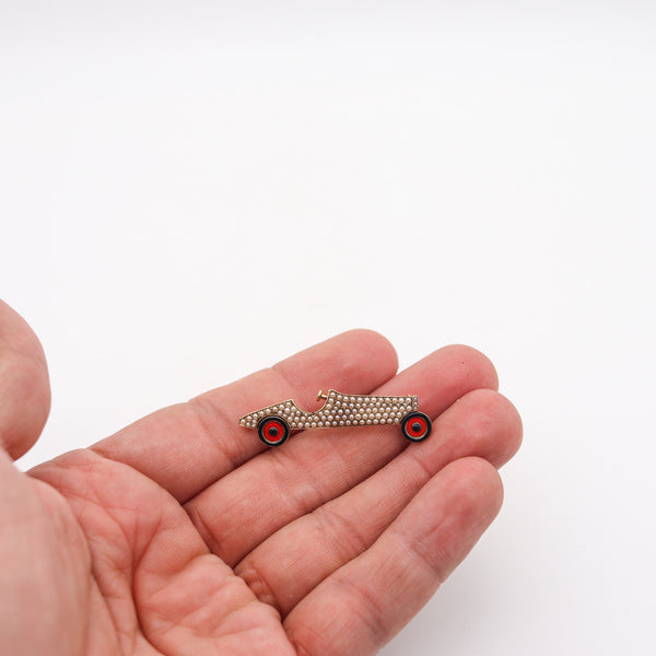 -SLOAN & Co. 1920 Art Deco Enameled Racing Car Brooch In 14Kt Gold With Pearls