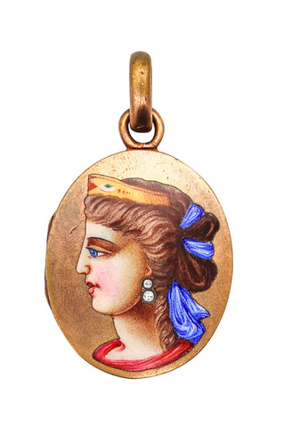 ETRUSCAN REVIVAL 1870 Italian Enameled Locket of a Queen In Gilt With Diamonds