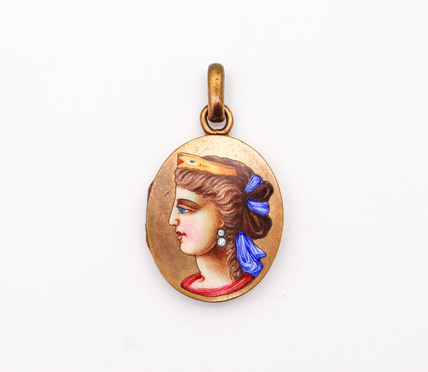 ETRUSCAN REVIVAL 1870 Italian Enameled Locket of a Queen In Gilt With Diamonds