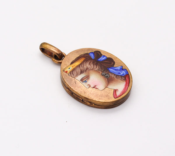 ETRUSCAN REVIVAL 1870 Italian Enameled Locket of a Queen In Gilt With Diamonds