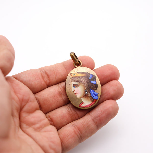 ETRUSCAN REVIVAL 1870 Italian Enameled Locket of a Queen In Gilt With Diamonds