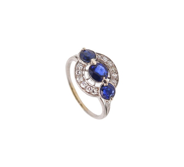 -Black Starr & Frost 1925 Art Deco Platinum Ring With 3.55 Ctw Sapphires & Diamonds