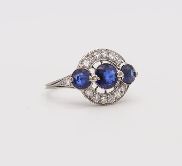 -Black Starr & Frost 1925 Art Deco Platinum Ring With 3.55 Ctw Sapphires & Diamonds