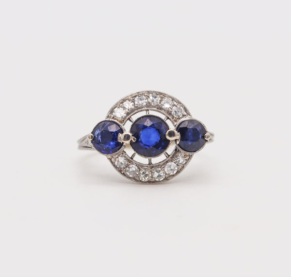 -Black Starr & Frost 1925 Art Deco Platinum Ring With 3.55 Ctw Sapphires & Diamonds