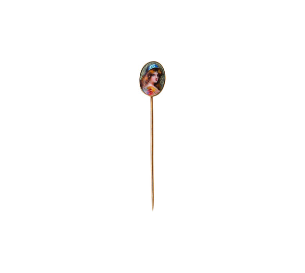 -Meyle & Mayer 1900 Art Nouveau Guilloche Enamel Stick Pin In 18Kt Yellow Gold
