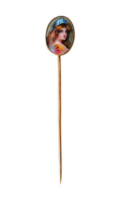 -Meyle & Mayer 1900 Art Nouveau Guilloche Enamel Stick Pin In 18Kt Yellow Gold