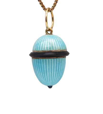 -Easter Egg 1930 Art Deco Pendant In Blue Guilloche Enamel 18Kt Gold With Sapphire