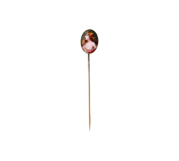 -Meyle & Mayer 1900 Art Nouveau Enamel Stick Pin In 18Kt Yellow Gold