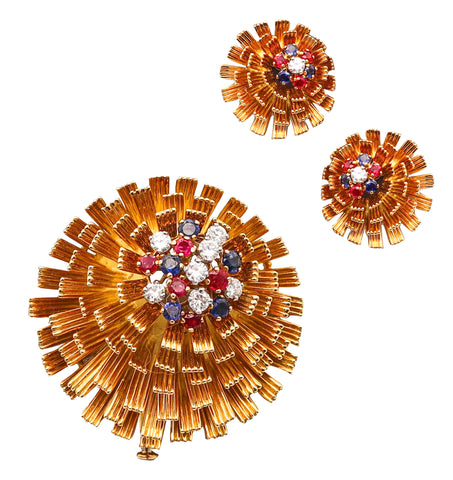 -French 1960 Mid Century Modern Earrings Brooch In 18Kt Yellow Gold With 2.33 Ctw Gemstones