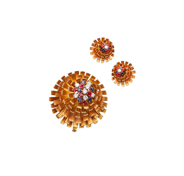 -French 1960 Mid Century Modern Earrings Brooch In 18Kt Yellow Gold With 2.33 Ctw Gemstones