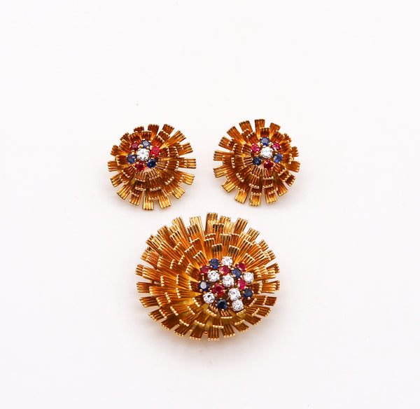 -French 1960 Mid Century Modern Earrings Brooch In 18Kt Yellow Gold With 2.33 Ctw Gemstones