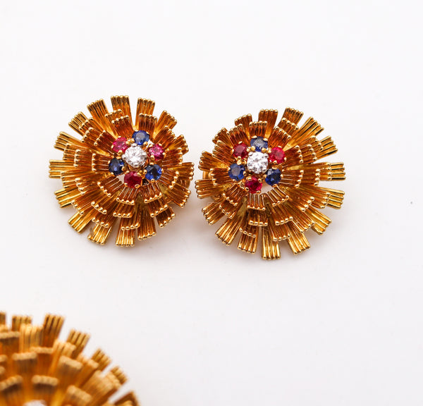 -French 1960 Mid Century Modern Earrings Brooch In 18Kt Yellow Gold With 2.33 Ctw Gemstones