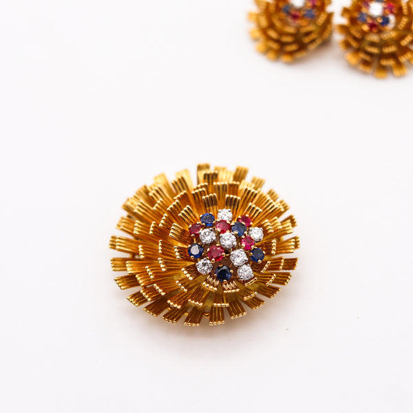 -French 1960 Mid Century Modern Earrings Brooch In 18Kt Yellow Gold With 2.33 Ctw Gemstones