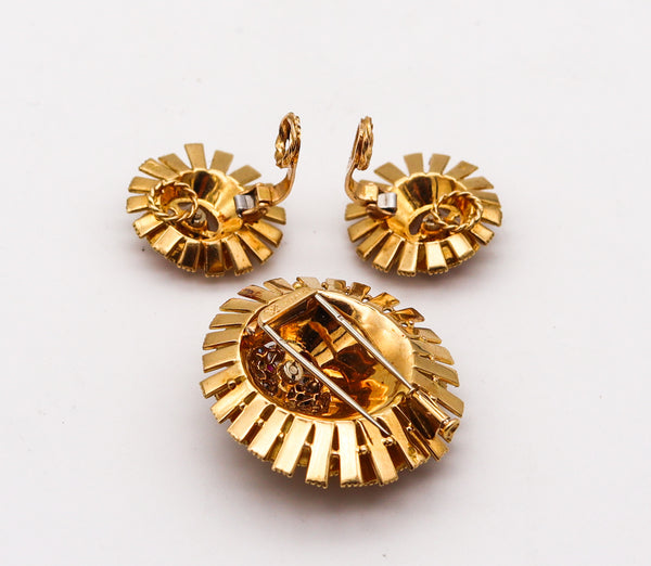 -French 1960 Mid Century Modern Earrings Brooch In 18Kt Yellow Gold With 2.33 Ctw Gemstones