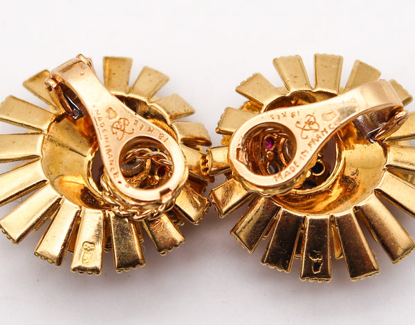 -French 1960 Mid Century Modern Earrings Brooch In 18Kt Yellow Gold With 2.33 Ctw Gemstones