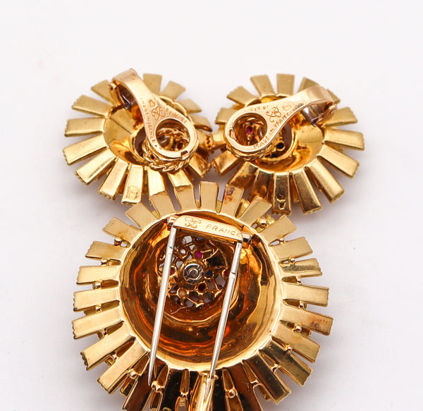 -French 1960 Mid Century Modern Earrings Brooch In 18Kt Yellow Gold With 2.33 Ctw Gemstones