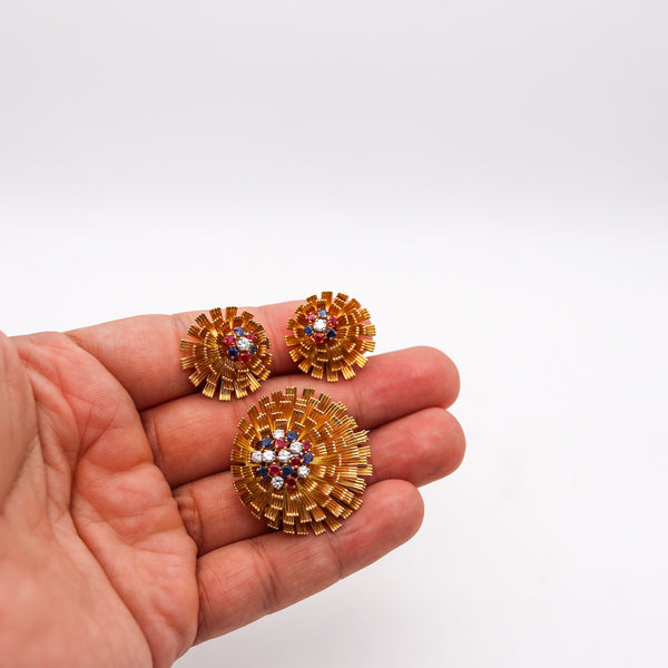 -French 1960 Mid Century Modern Earrings Brooch In 18Kt Yellow Gold With 2.33 Ctw Gemstones