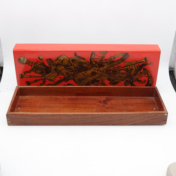 PIERO FORNASETTI Milano 1960 Red Enameled Sliding Box Music Instruments