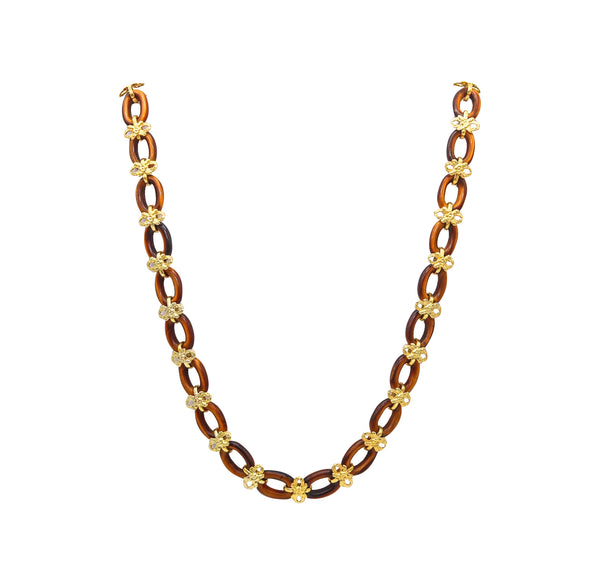 -Italian 1960 Mid Century Long Sautoir Necklace In 14Kt Yellow Gold With Tiger Eye