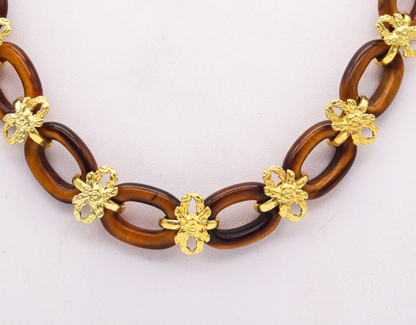 -Italian 1960 Mid Century Long Sautoir Necklace In 14Kt Yellow Gold With Tiger Eye