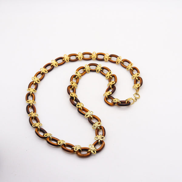 -Italian 1960 Mid Century Long Sautoir Necklace In 14Kt Yellow Gold With Tiger Eye