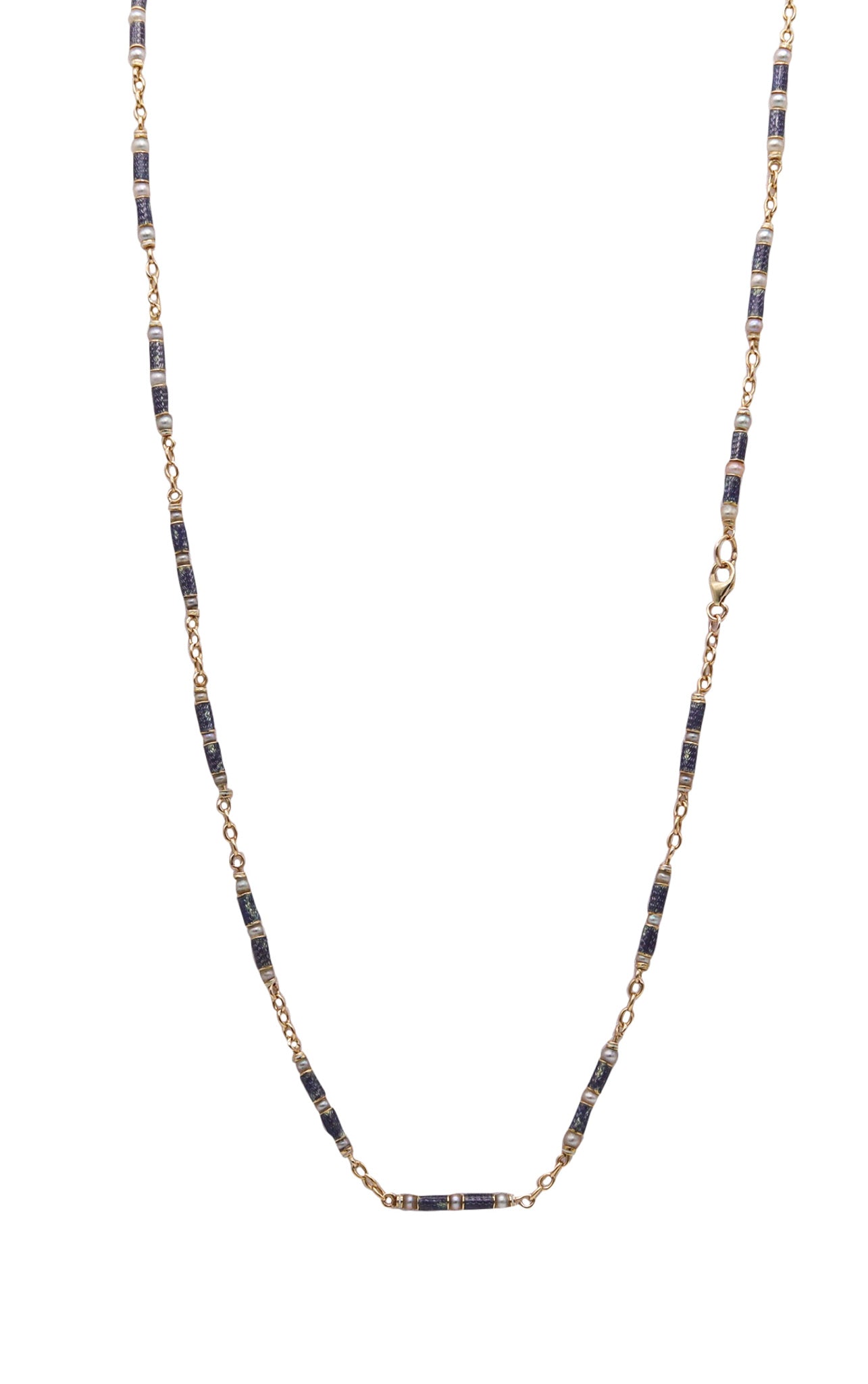 -French Edwardian 1900-1905 Chain In 18Kt Gold With Guilloche Blue Enamel & Pearls