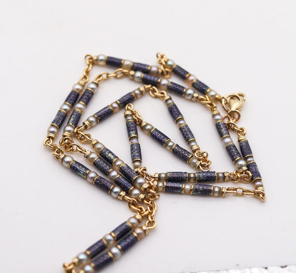 -French Edwardian 1900-1905 Chain In 18Kt Gold With Guilloche Blue Enamel & Pearls