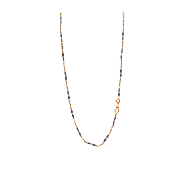 -French Edwardian 1905 Chain In 18Kt Gold With Guilloche Blue Enamel and Pearls