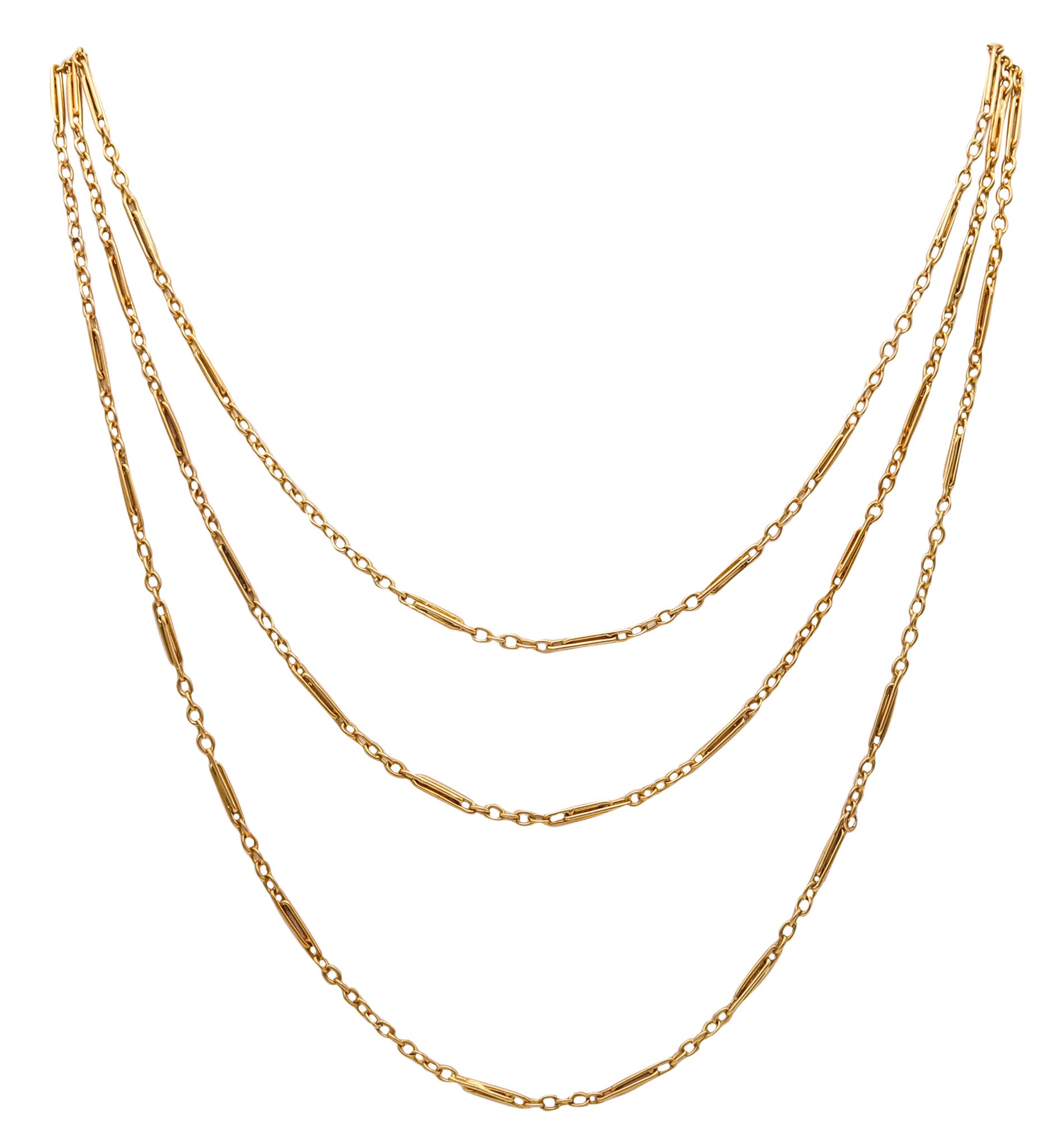 EDWARDIAN 1910 Long 54 Inches Necklace Sautoir In Solid 18Kt Yellow Gold