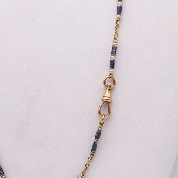 -French Edwardian 1905 Chain In 18Kt Gold With Guilloche Blue Enamel and Pearls