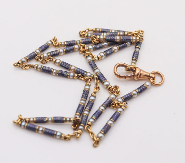 -French Edwardian 1905 Chain In 18Kt Gold With Guilloche Blue Enamel and Pearls