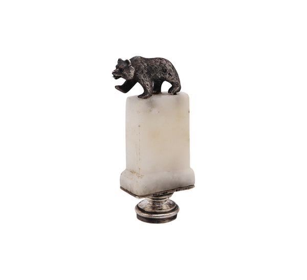 -Georg Adam Scheid 1910 Austria Desk Seal With Bear In .900 Sterling Silver And Marble